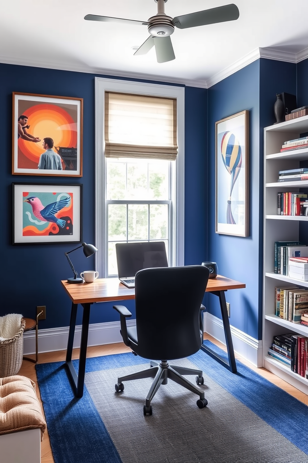 A serene home office space designed to inspire creativity. The walls are painted in a calming indigo blue, adorned with vibrant art prints that evoke a sense of imagination and focus. A sleek wooden desk sits in front of a large window, allowing natural light to flood the room. A comfortable ergonomic chair complements the desk, and shelves are lined with books and decorative items that enhance the creative atmosphere.