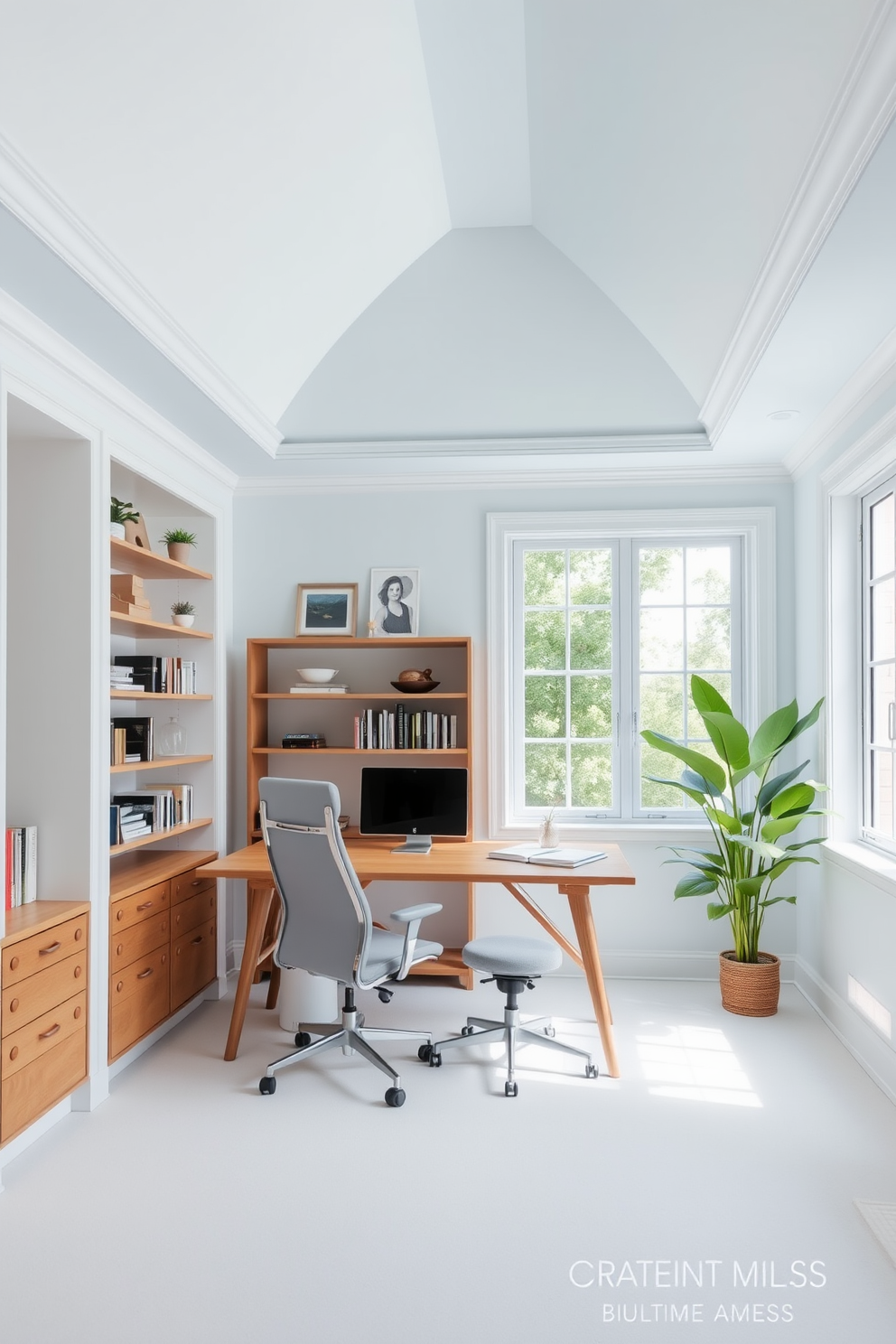 A serene home office with a light blue ceiling that creates an airy and open atmosphere. The walls are painted in a soft white, complementing a sleek wooden desk positioned by a large window that allows natural light to flood the space. A comfortable ergonomic chair is paired with the desk, featuring plush cushioning in a light gray fabric. Shelves filled with books and decorative items line one wall, while a vibrant green plant adds a touch of nature to the room.