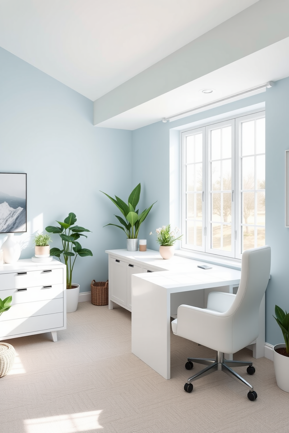 A serene home office with light blue walls that create a calming atmosphere. The space features sleek white furniture, including a modern desk and a comfortable chair, enhancing the overall aesthetic. Natural light floods the room through large windows, illuminating the minimalist decor. A few potted plants are strategically placed to add a touch of greenery and freshness to the environment.