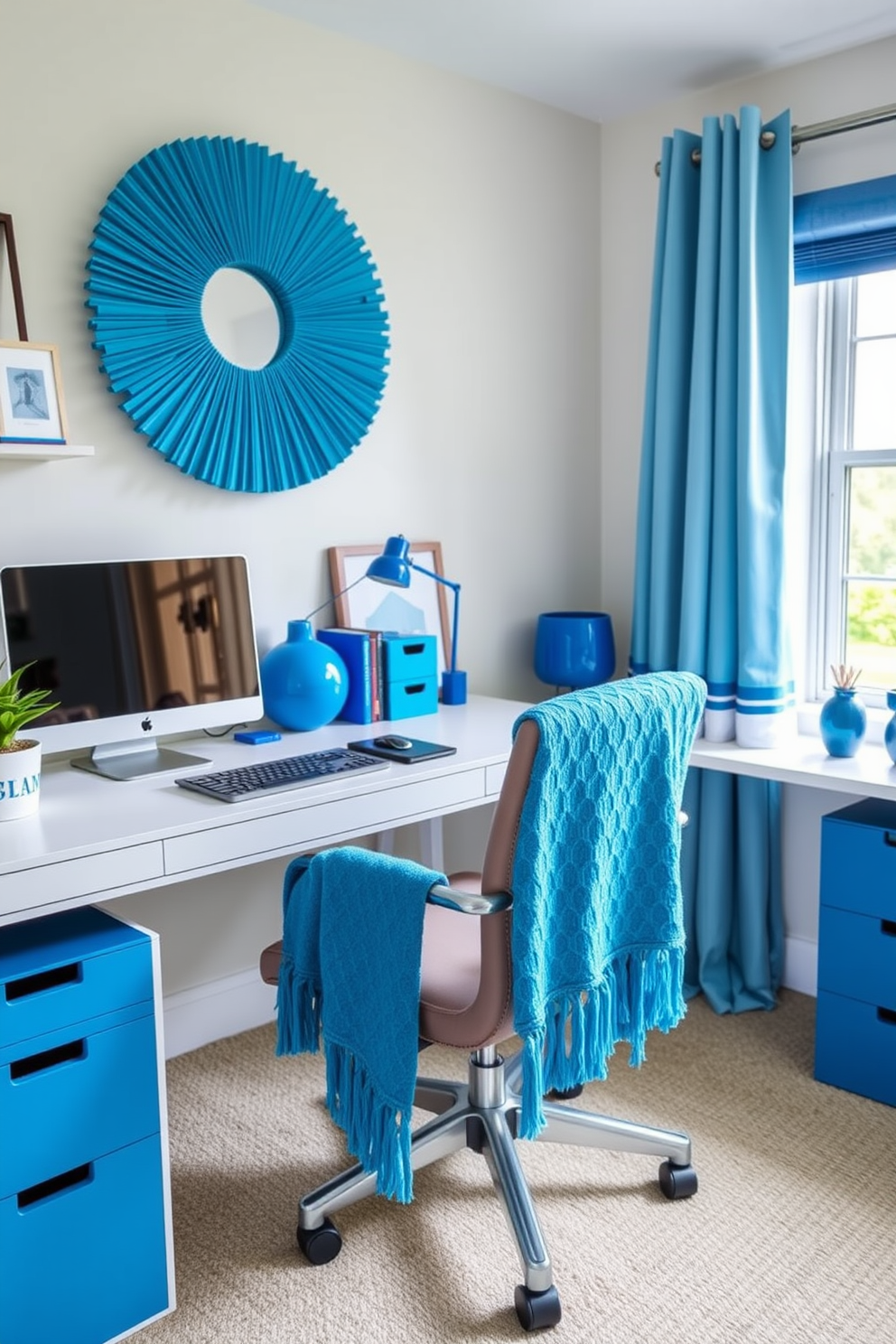 A cozy home office featuring a blue accent throw blanket draped over a stylish chair. The desk is modern and minimalistic, complemented by vibrant blue accessories that enhance the overall aesthetic. The walls are painted in a soft neutral tone to balance the bold blue accents. A large window allows natural light to flood the space, creating an inviting atmosphere perfect for productivity.