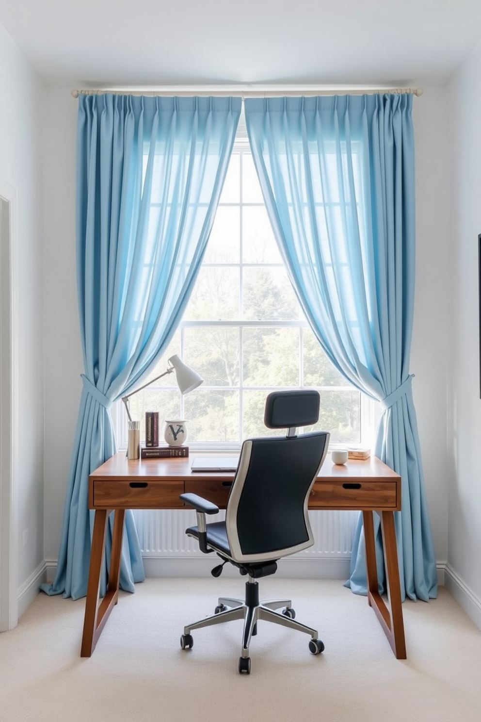 A serene home office space featuring sky blue curtains that gently frame a large window. A sleek wooden desk is positioned in front of the window, complemented by a comfortable ergonomic chair. The walls are painted in a soft white to enhance the light and airy feel. On the desk, a minimalist lamp and a few decorative items add a touch of personality to the workspace.