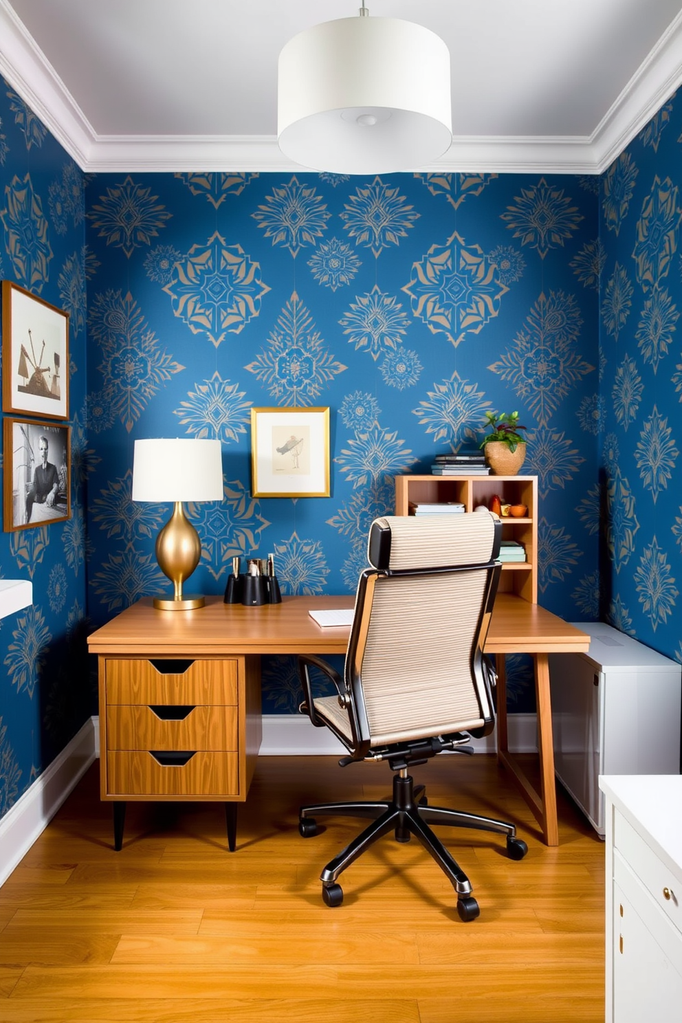 A stylish home office featuring bold blue wallpaper adorned with geometric patterns. The room is furnished with a sleek wooden desk and an ergonomic chair, creating a modern yet comfortable workspace.