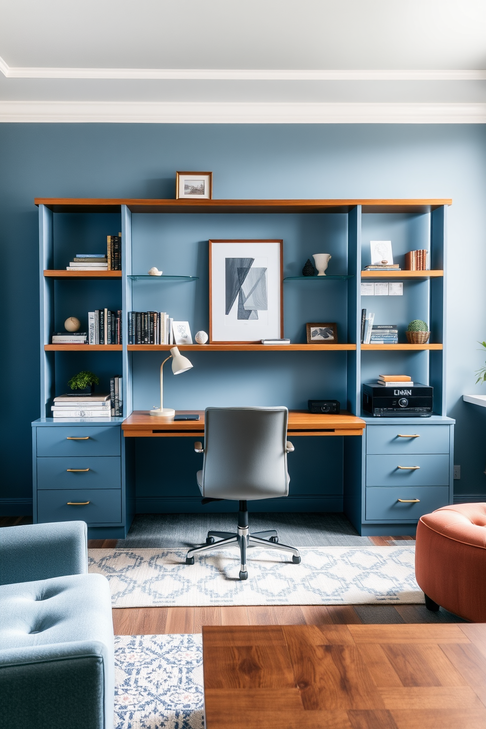 A serene home office space designed in a blue and gray color scheme. The walls are painted a soft blue, while the furniture features sleek gray accents, creating a tranquil atmosphere. A large wooden desk sits in the center, complemented by a comfortable gray office chair. Shelves filled with books and decorative items line the walls, enhancing the calming aesthetic.