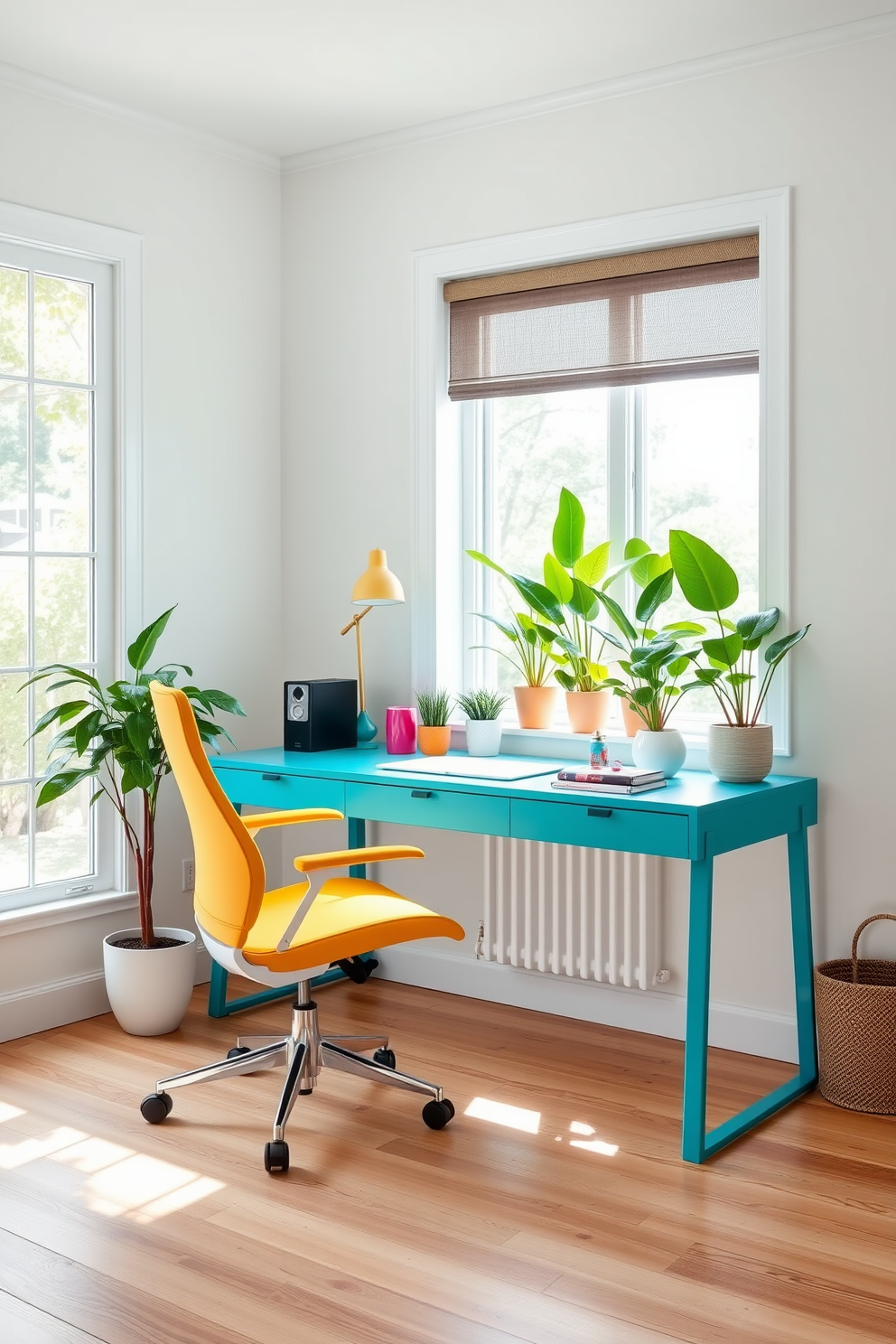 A vibrant home office setting featuring a sleek turquoise desk adorned with stylish desk accessories. The walls are painted in a soft white, creating a bright and airy atmosphere that complements the colorful accents. The desk is paired with a modern ergonomic chair in a coordinating shade, providing comfort and style. A large window allows natural light to flood the space, highlighting a few potted plants for a refreshing touch.