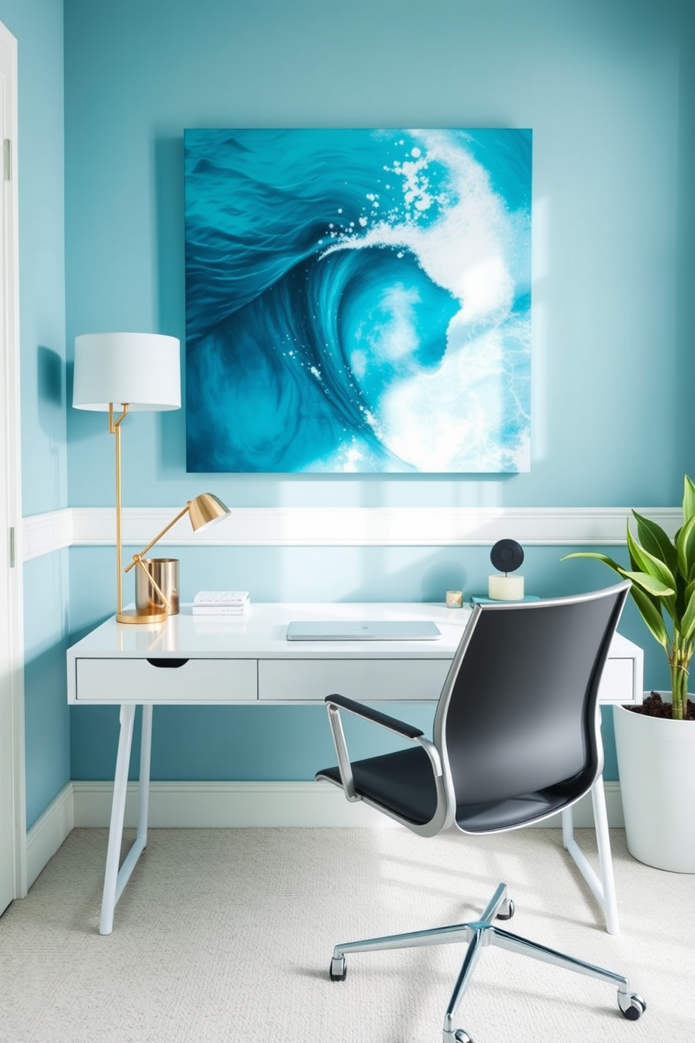 A serene blue home office featuring an ocean themed artwork above the desk. The walls are painted in a soft aqua color and the desk is a sleek white with modern accents.