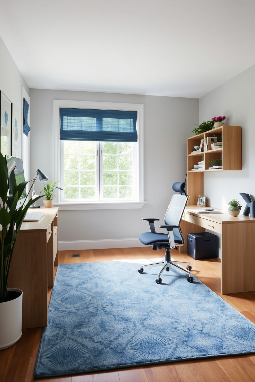 A serene home office setting featuring a soft blue rug that adds warmth to the space. The walls are painted in a light gray tone, complemented by a sleek wooden desk and a comfortable ergonomic chair.