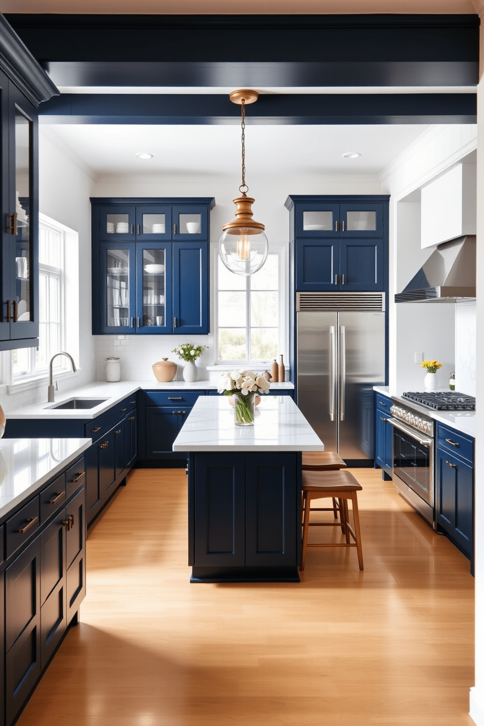 A bright and airy kitchen featuring navy cabinets that contrast beautifully with white marble countertops. The space is enhanced by stainless steel appliances and a large island with bar seating, creating an inviting area for family gatherings. Natural light floods the room through large windows, illuminating the elegant pendant lights hanging above the island. The walls are painted in a soft white, complementing the rich navy cabinetry and adding to the overall sophistication of the design.