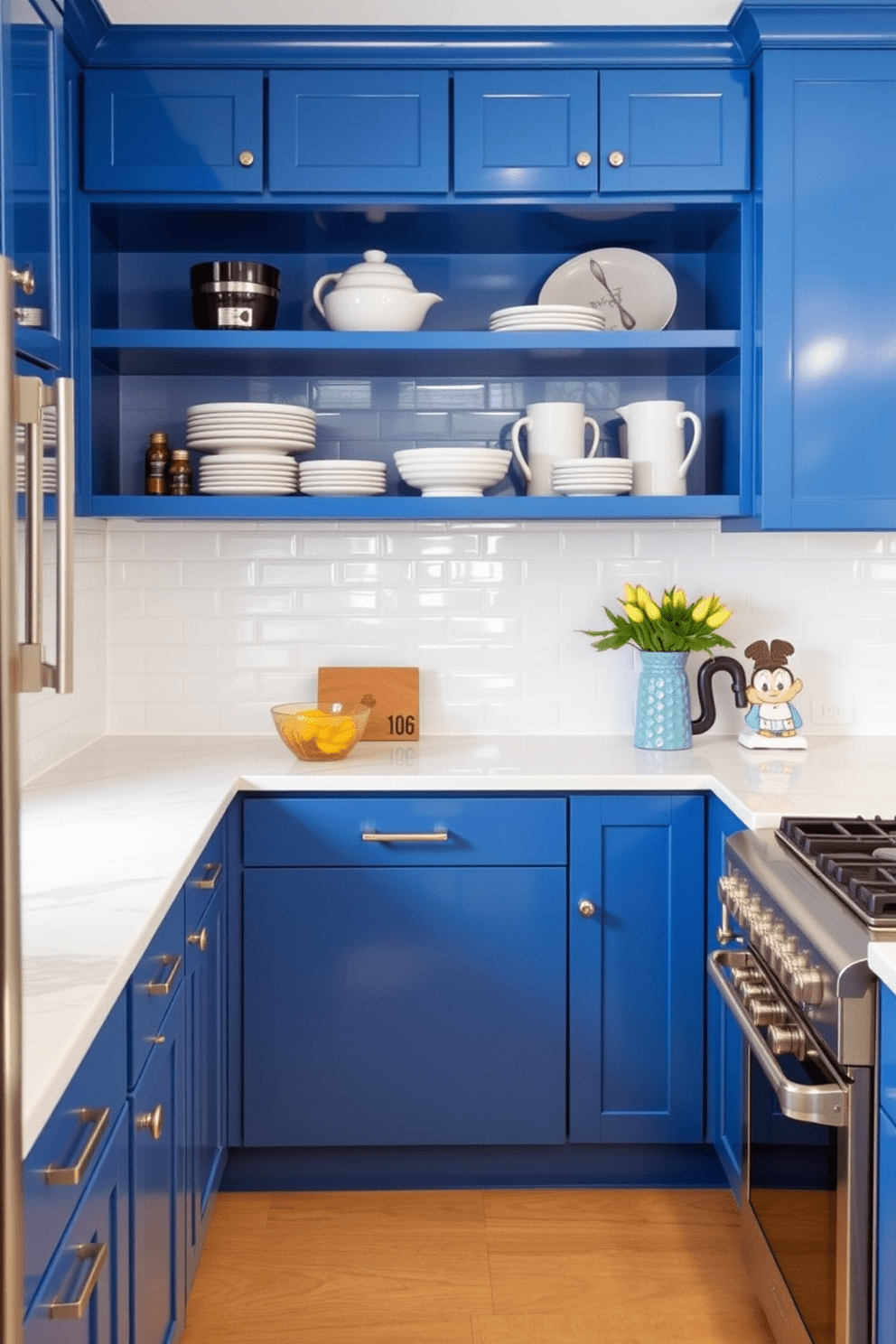 A bright blue kitchen featuring white subway tiles creates a vibrant and inviting atmosphere. The cabinetry is painted in a rich blue hue, complemented by a white marble countertop and stainless steel appliances. Above the countertop, open shelves display stylish dishware and decorative items. The backsplash consists of glossy white subway tiles, adding a classic touch to the modern design.