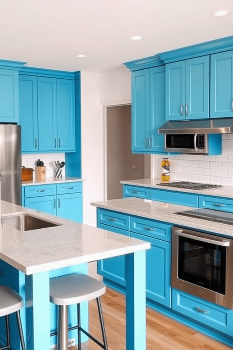 A vibrant kitchen featuring ocean blue cabinets paired with sleek stainless steel appliances. The countertops are a light gray quartz, complementing the bold cabinet color and enhancing the overall modern aesthetic. The backsplash consists of white subway tiles, adding a classic touch to the contemporary design. A large island with bar stools provides ample space for cooking and entertaining, creating a welcoming atmosphere.