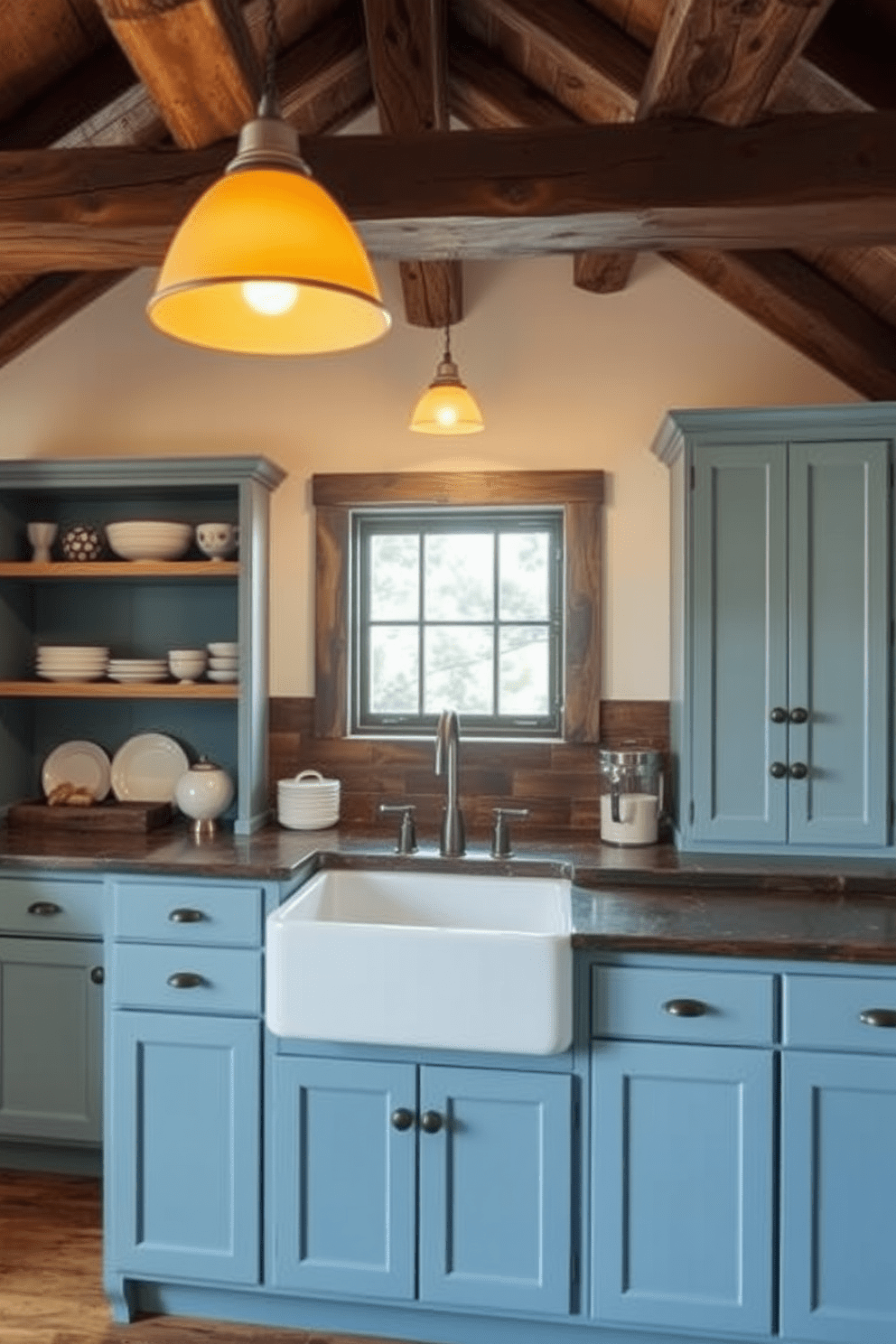 A cozy kitchen featuring muted blue cabinets that complement the rustic wood beams overhead. The space is illuminated by warm pendant lights, enhancing the inviting atmosphere. A large farmhouse sink is centered beneath a window, allowing natural light to flood the room. Open shelving displays charming dishware, adding a personal touch to the design.