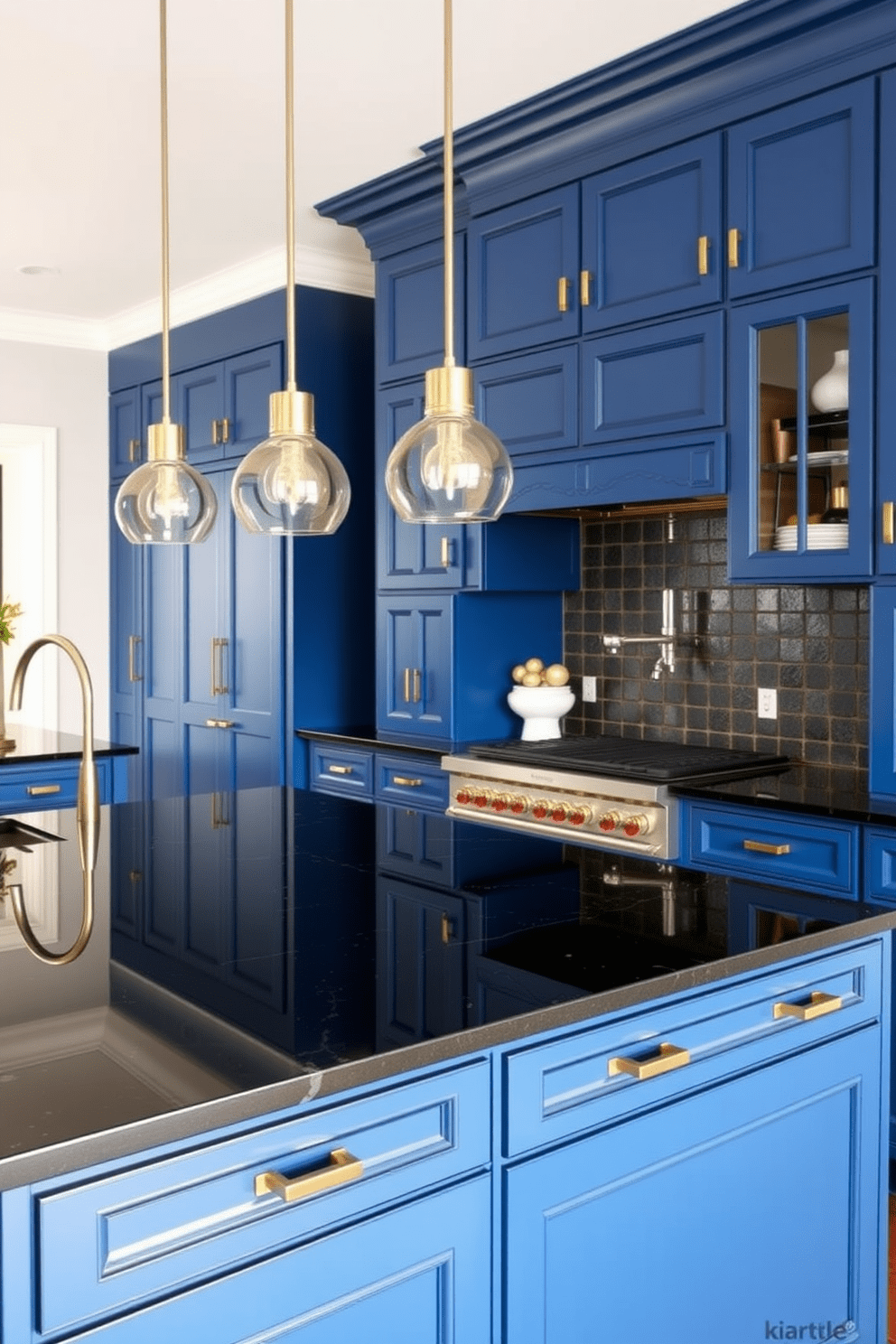 A royal blue kitchen features sleek black granite countertops that provide a striking contrast. The cabinetry is adorned with gold hardware, adding a touch of elegance to the overall design. The kitchen island is spacious and topped with the same black granite, creating a cohesive look. Pendant lights with a modern design hang above the island, providing both functionality and style.