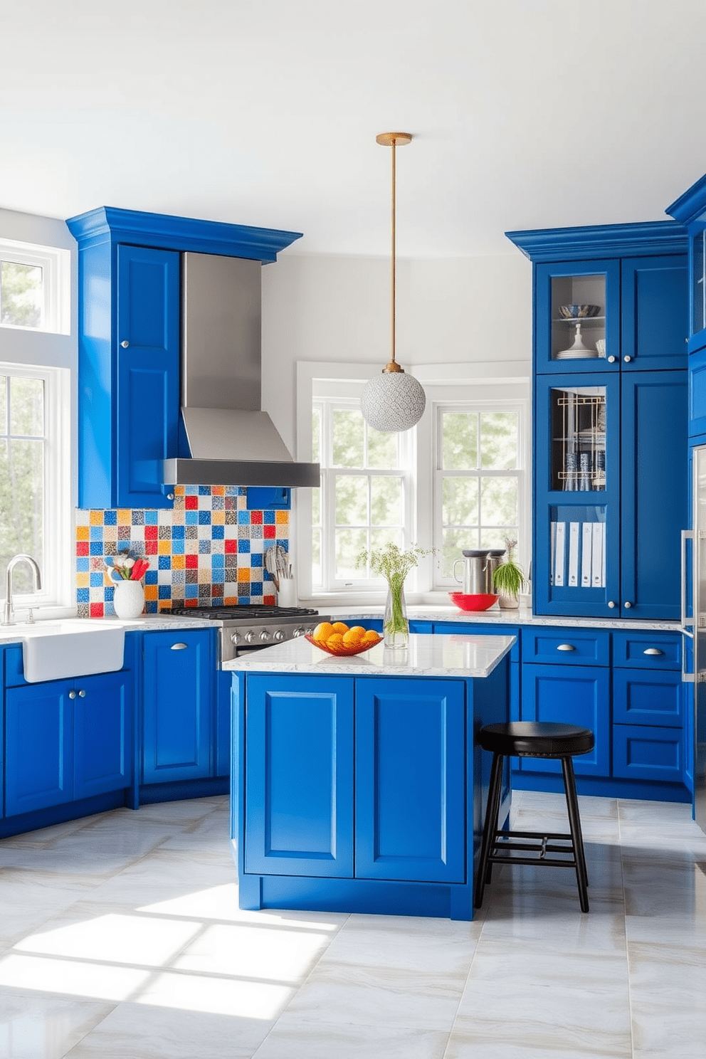 A stunning kitchen featuring bold blue cabinets that create a striking focal point in the space. The cabinets are complemented by a vibrant array of colorful backsplash tiles that add personality and charm to the overall design. The kitchen layout includes a spacious island with seating, perfect for casual dining and entertaining. Natural light floods the room through large windows, enhancing the cheerful atmosphere and showcasing the beautiful color palette.