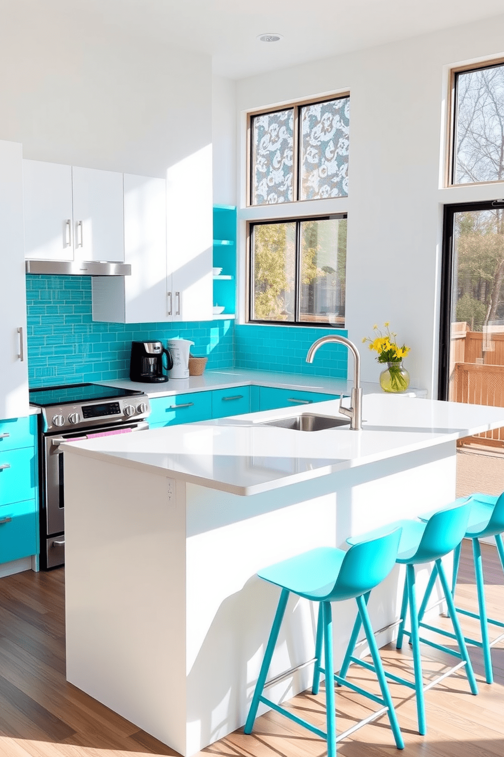 A modern kitchen featuring bright turquoise accents throughout the space. The cabinetry is a sleek white with turquoise handles and decorative tile backsplash that adds a pop of color. The kitchen island is topped with a white quartz countertop and surrounded by stylish bar stools in a matching turquoise hue. Large windows allow natural light to flood the room, highlighting the vibrant color scheme and contemporary appliances.