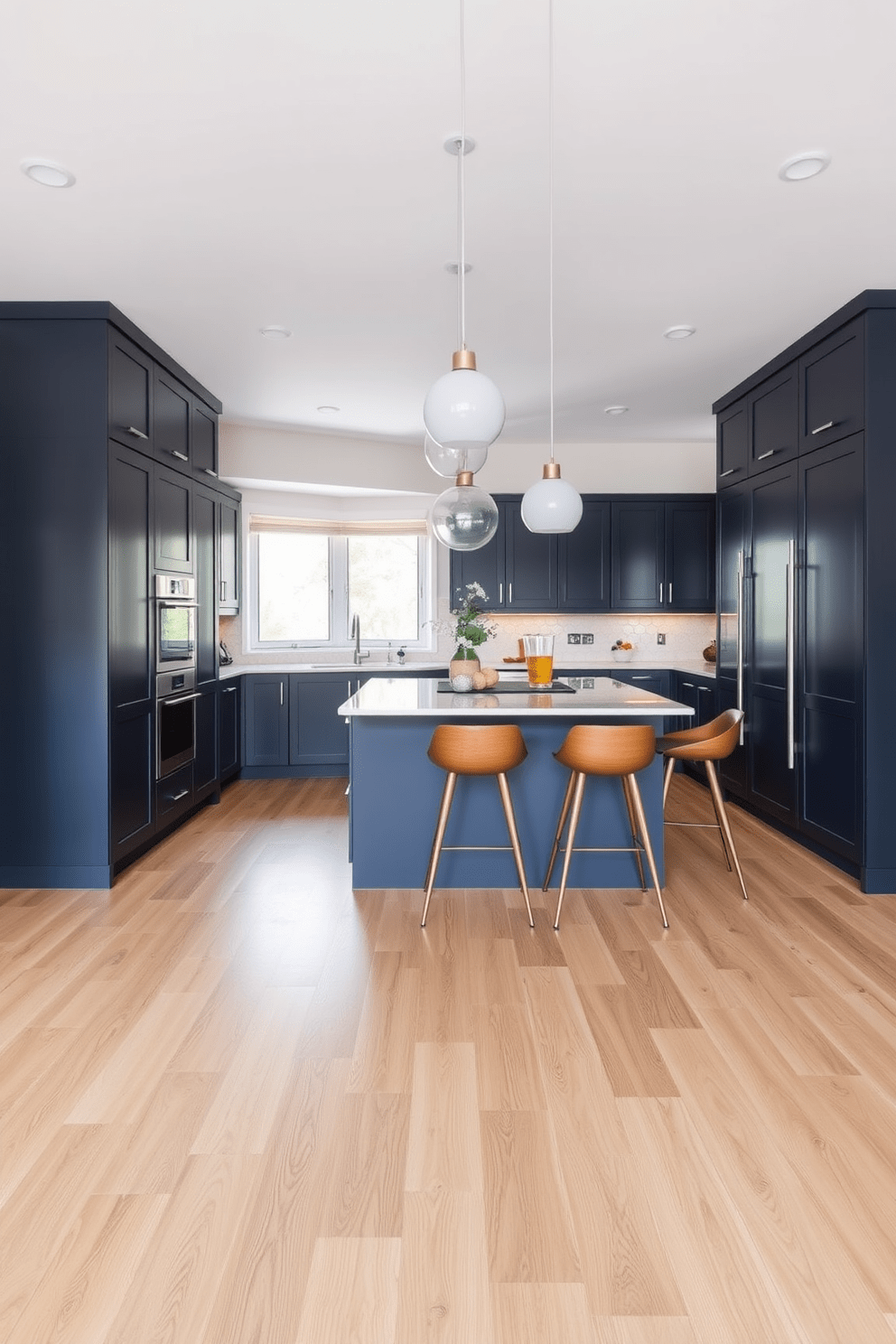 A modern kitchen featuring navy blue cabinets that provide a striking contrast against the light oak flooring. The space is illuminated by pendant lights that hang above a spacious island, which is adorned with stylish bar stools.