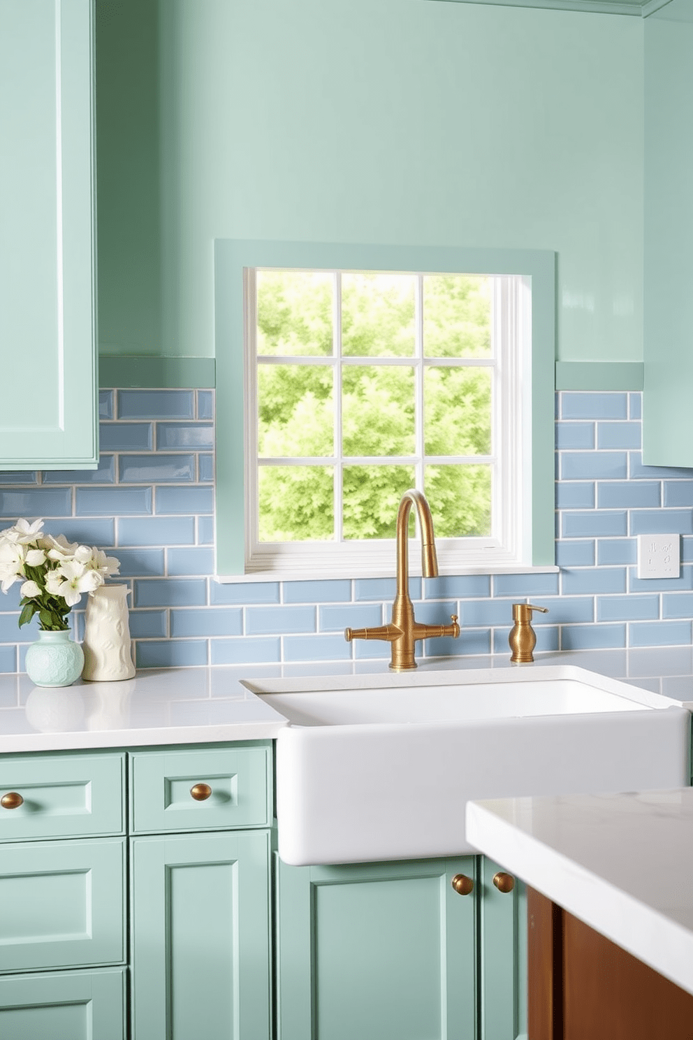 A serene kitchen space that blends seafoam green and soft blue hues. The cabinetry features a glossy seafoam green finish, complemented by a blue subway tile backsplash that adds a refreshing touch. The countertops are made of white quartz, providing a clean contrast against the vibrant colors. A large farmhouse sink sits beneath a window, with stylish brass fixtures enhancing the overall elegance of the design.