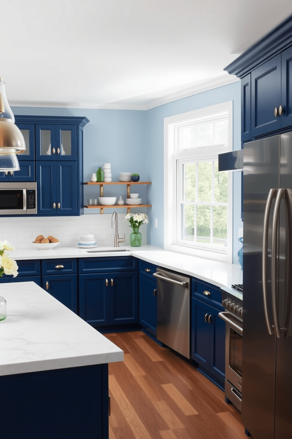 A bright kitchen with light blue walls that create a serene atmosphere. Navy accents are incorporated through cabinetry and decorative elements, adding depth and sophistication to the space. The kitchen features sleek stainless steel appliances and a large island with a white marble countertop. Pendant lights with gold finishes hang above the island, providing both illumination and a touch of elegance.