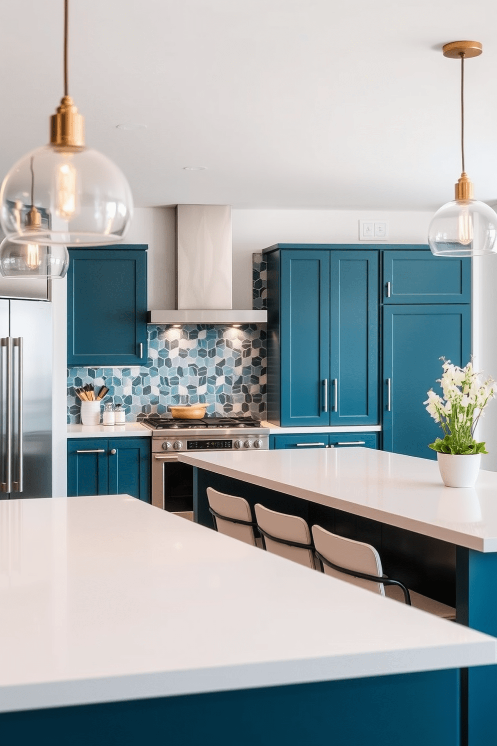 A modern kitchen featuring deep teal cabinets paired with sleek white countertops. The space is illuminated by pendant lights hanging above the island, creating a warm and inviting atmosphere. Stylish bar stools are positioned at the island, providing a perfect spot for casual dining. The backsplash showcases a geometric tile pattern in shades of blue and white, adding visual interest to the design.