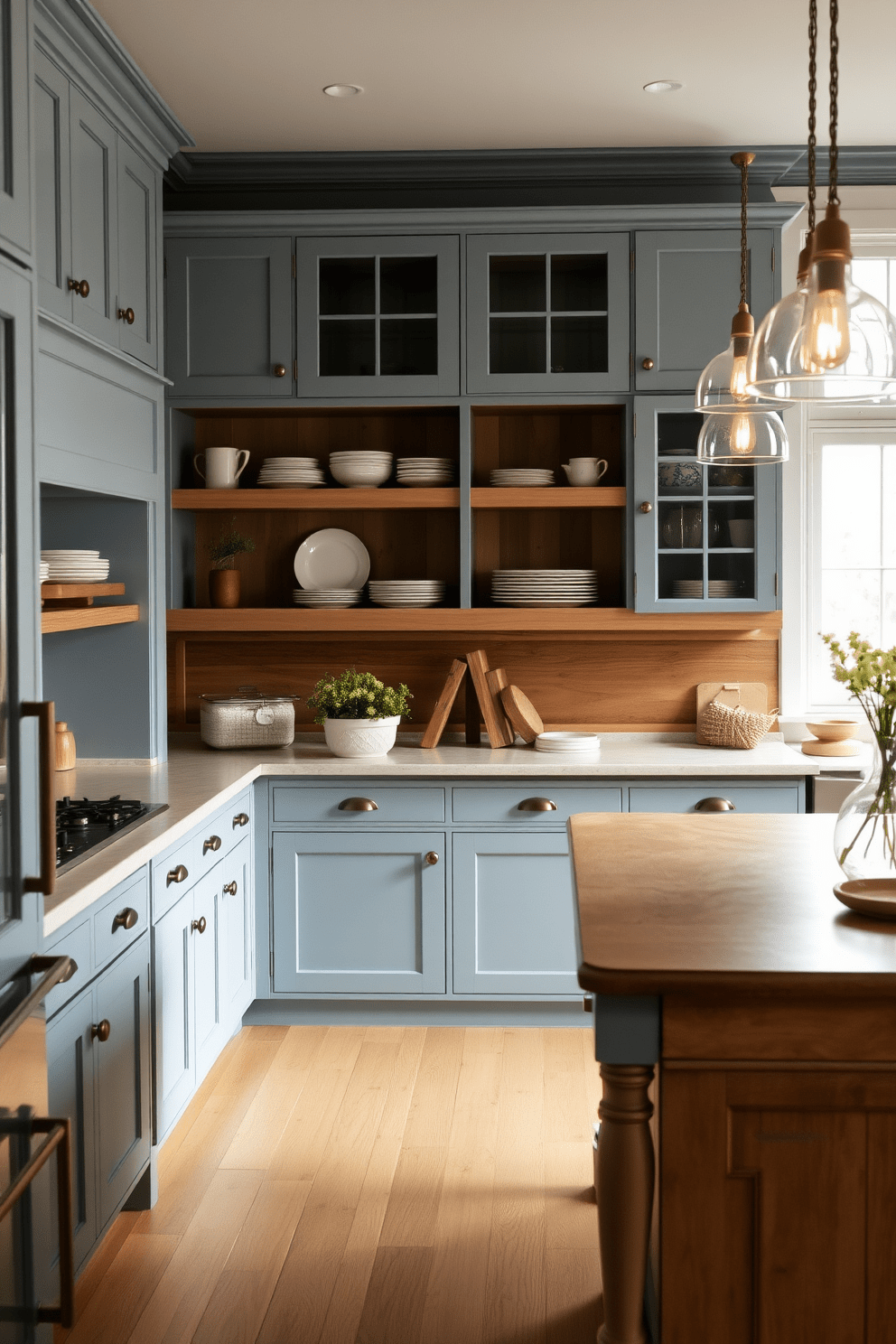 A serene kitchen atmosphere featuring dusty blue cabinets paired with natural wood tones. The cabinetry is complemented by open shelving displaying rustic dishware, while a wooden island serves as a central gathering space. The countertops are a light, neutral stone that enhances the overall brightness of the room. Pendant lights with a warm glow hang above the island, adding a touch of elegance to the inviting space.