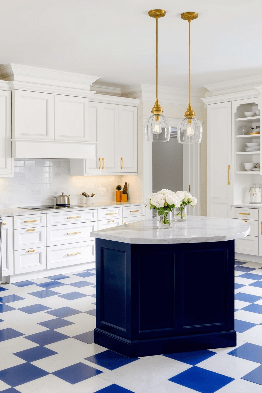 A bright and airy kitchen featuring a blue and white checkerboard floor that adds a playful contrast to the space. The cabinetry is a soft white, complemented by sleek brass hardware, and the countertops are a polished marble that enhances the overall elegance. The kitchen island is a striking navy blue with a waterfall edge, providing both functionality and style. Pendant lights with clear glass shades hang above the island, illuminating the space and creating a warm atmosphere.