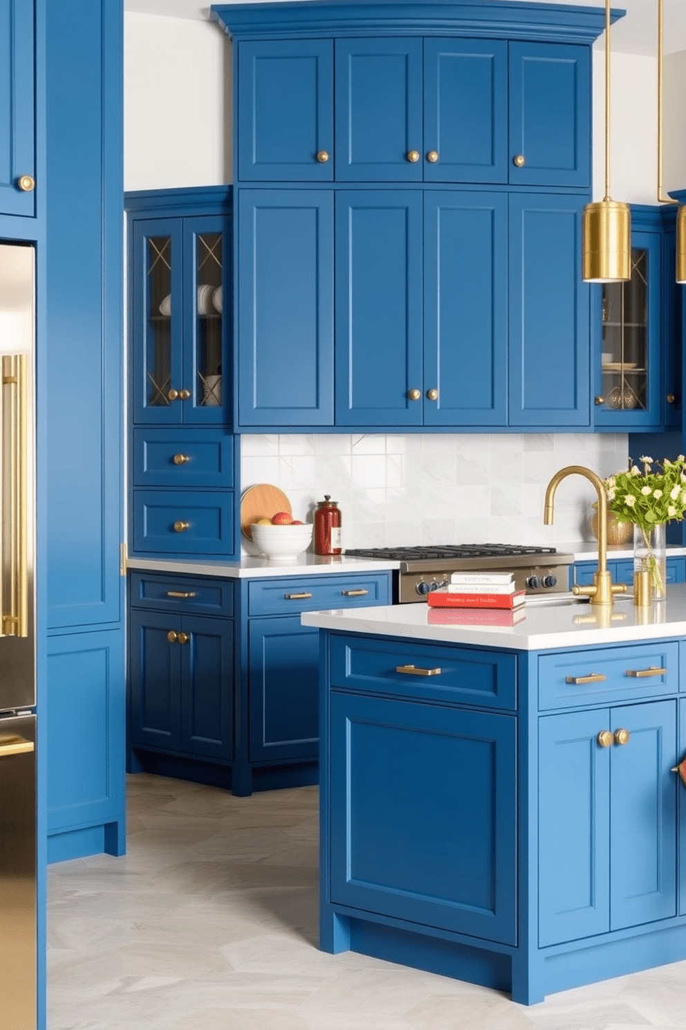 A vibrant blue kitchen featuring cabinetry with sleek brass accents. The space includes a large island with matching blue cabinetry, complemented by stylish brass hardware and fixtures.