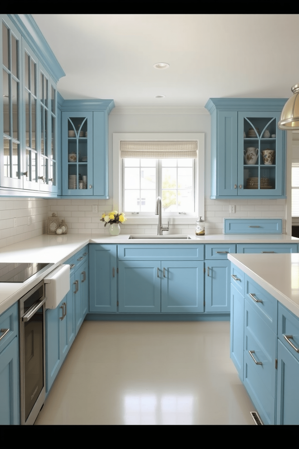 A bright and airy kitchen featuring sky blue cabinets with elegant glass front doors. The countertops are a crisp white, and a stylish backsplash of subway tiles adds a modern touch.