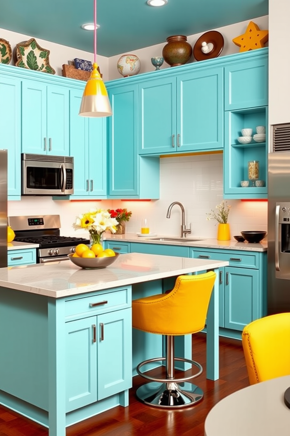 A bright and inviting kitchen featuring aqua cabinets complemented by vibrant yellow accents. The space includes a large island with bar stools, surrounded by modern appliances and stylish decor.