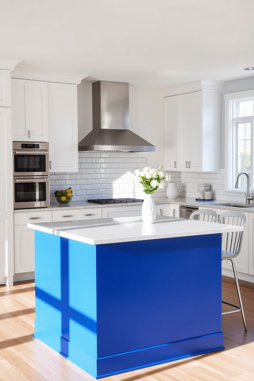 A cobalt blue kitchen island with a contrasting white base stands at the center of the space. Surrounding the island are sleek white cabinets with brushed nickel handles, creating a modern and inviting atmosphere. The backsplash features a glossy white subway tile that complements the island beautifully. Natural light floods the room through large windows, highlighting the elegant quartz countertop and stylish bar stools.