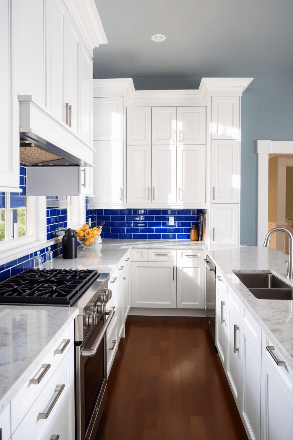 A stunning kitchen featuring bold blue backsplash tiles that create a striking contrast against the crisp white cabinetry. The space is bright and airy, with natural light flooding in from large windows, highlighting the elegant finishes and modern appliances.