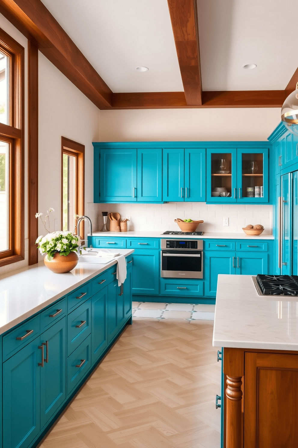 A stunning kitchen featuring turquoise cabinets that pop against warm wood accents. The cabinetry is complemented by a spacious island topped with a light-colored stone countertop, creating a perfect gathering space.