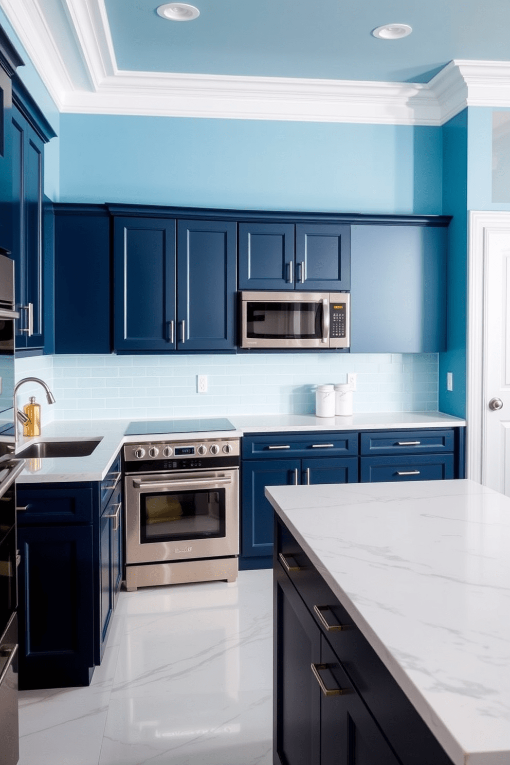 A stunning kitchen featuring sky blue walls that create a bright and airy atmosphere. The navy cabinetry adds a touch of elegance and sophistication, beautifully contrasting with the light walls. The countertops are made of white quartz with subtle gray veining, providing a clean and modern look. Stainless steel appliances are seamlessly integrated into the design, enhancing functionality and style.