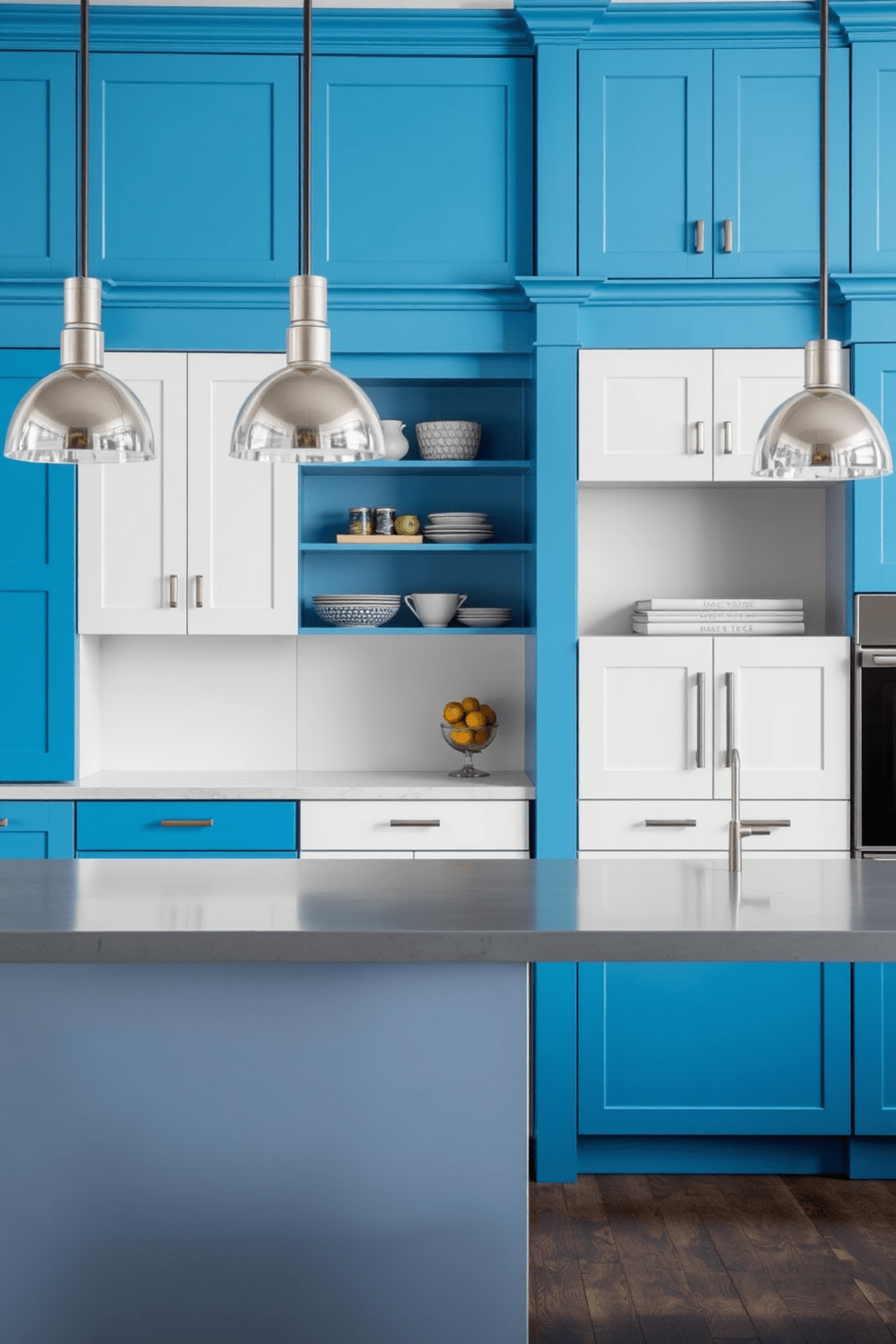 A stylish kitchen featuring two-tone blue cabinets that create a vibrant contrast with a sleek gray island. The space is illuminated by modern pendant lights hanging above the island, enhancing the inviting atmosphere.