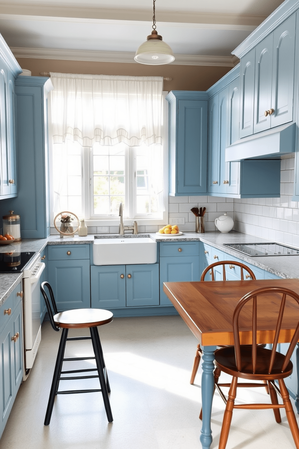 A charming kitchen featuring pastel blue cabinets that exude vintage appeal. The cabinets are adorned with brass hardware and complemented by a white farmhouse sink and a classic subway tile backsplash. A large wooden dining table sits in the center, surrounded by mismatched chairs that add to the eclectic feel. Soft natural light pours in through a window dressed with sheer curtains, enhancing the inviting atmosphere.