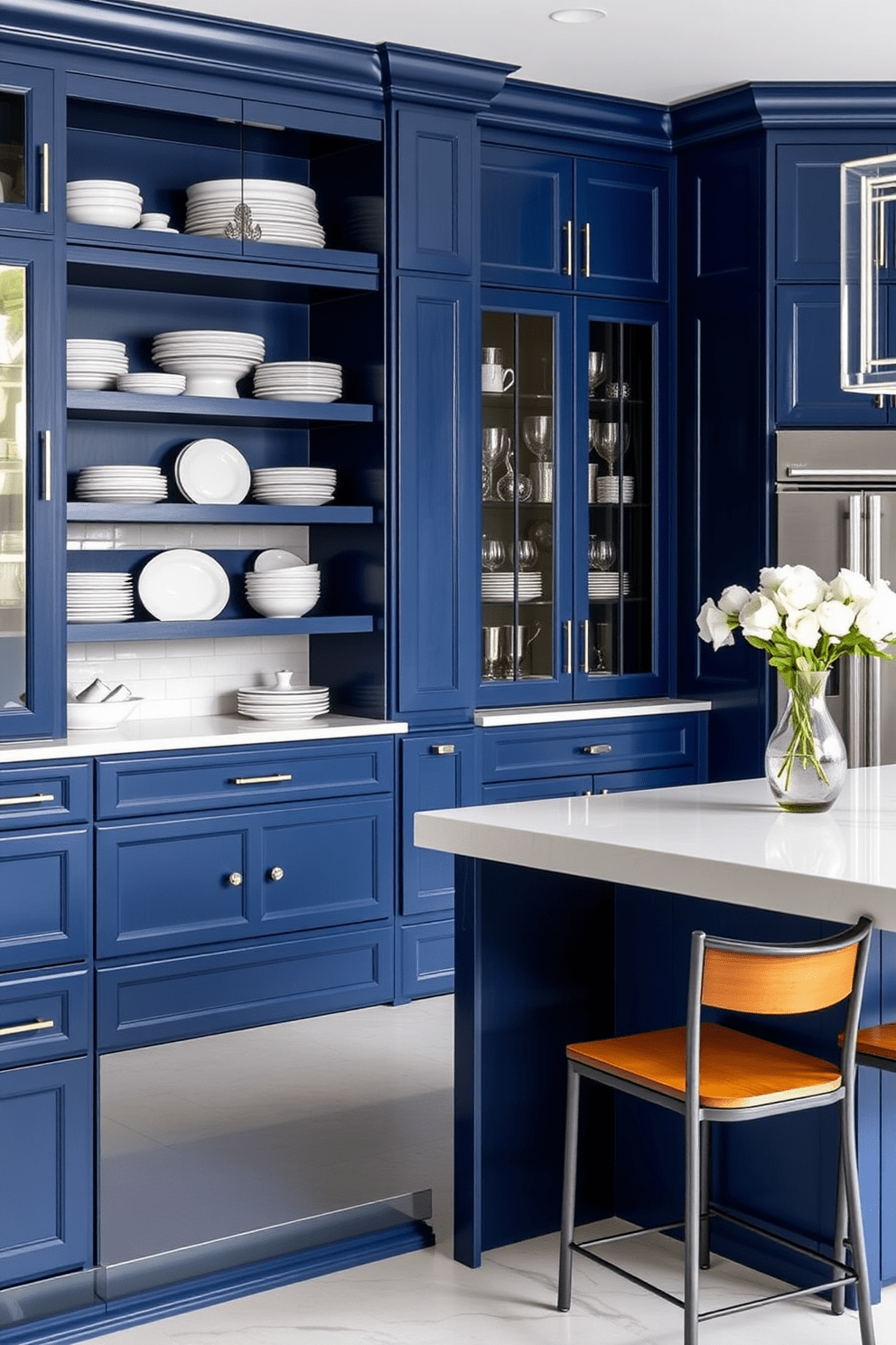 A stunning kitchen featuring deep blue cabinetry with sleek handles and open shelving that displays elegant dishware. The countertops are made of white quartz, complementing the bold cabinetry while a large island with bar stools invites casual dining.