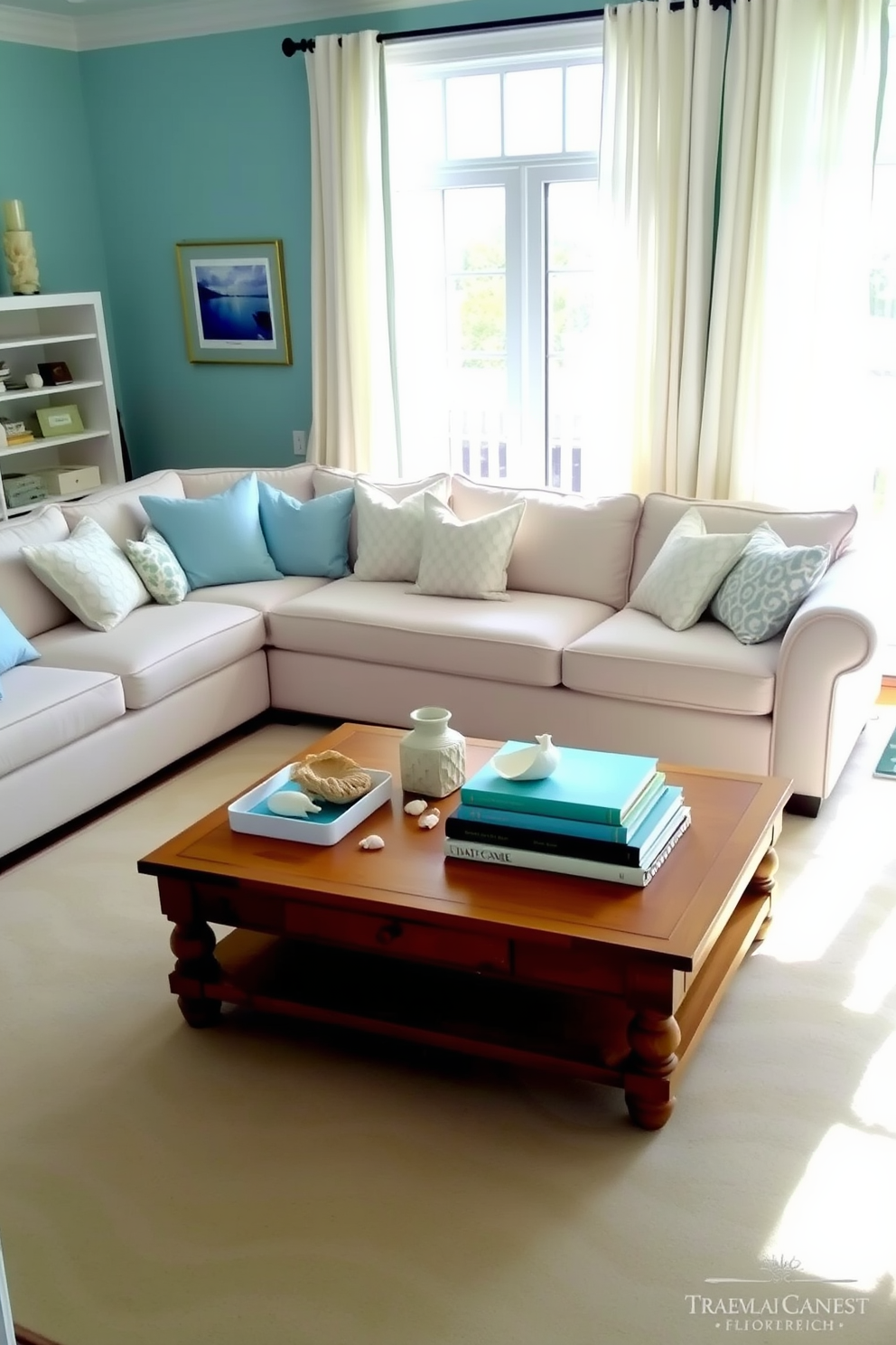 A coastal chic living room featuring light blue accents. The space includes a comfortable sectional sofa adorned with pastel throw pillows and a large area rug with a subtle wave pattern. Natural light floods the room through large windows dressed with sheer white curtains. A wooden coffee table sits at the center, surrounded by decorative seashells and a stack of coastal-themed books.