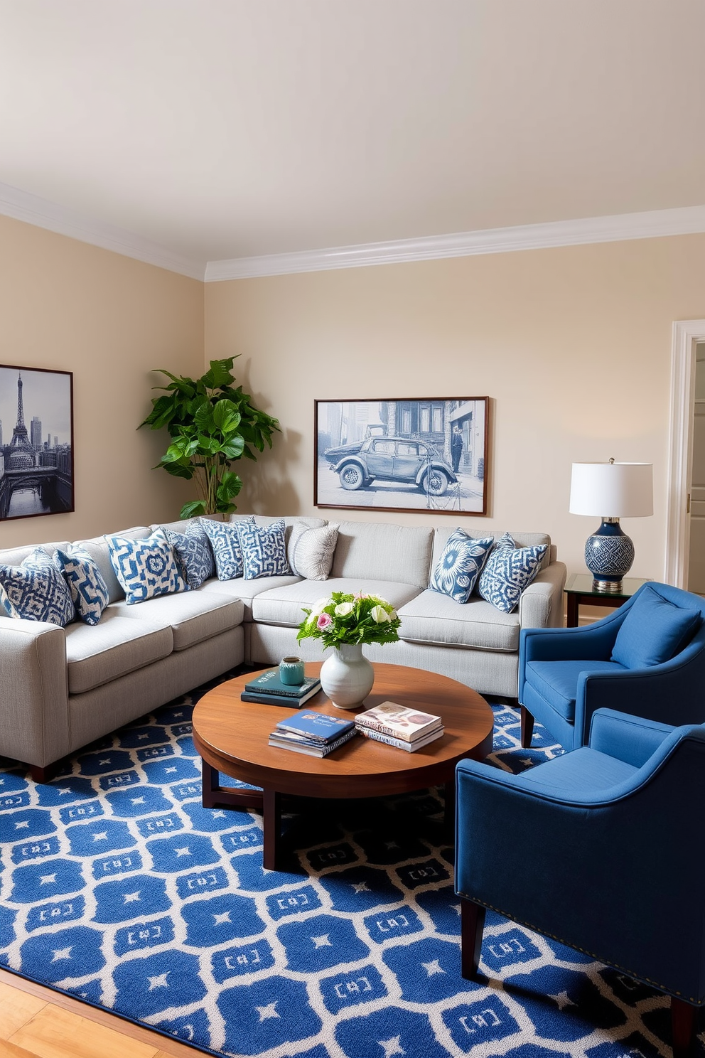 A stylish living room featuring a mix of blue patterns and neutral tones. The walls are painted in a soft beige, while a large blue patterned area rug anchors the space. A sectional sofa upholstered in a light gray fabric is adorned with various blue patterned throw pillows. A round coffee table with a wooden finish sits in the center, surrounded by accent chairs in muted blue tones.