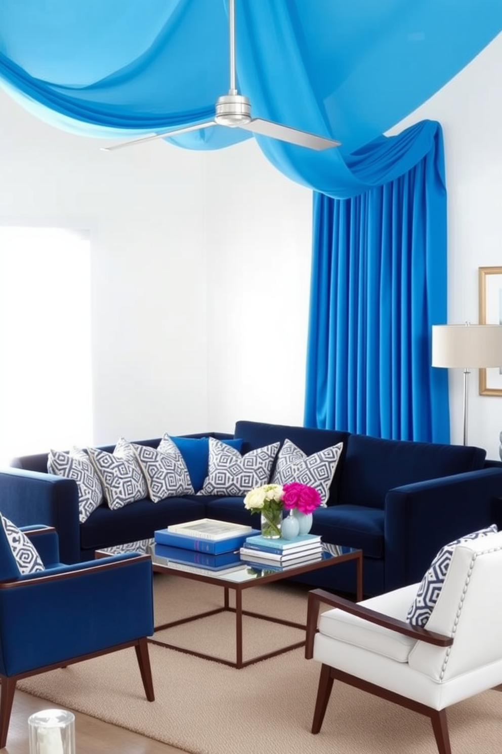 Bright blue curtains drape elegantly from a sleek rod, adding a vibrant pop of color to the serene atmosphere of the living room. The walls are painted in soft white, creating a perfect backdrop for the bold blue accents and inviting furnishings. A plush navy sofa is adorned with an array of patterned throw pillows that complement the curtains. A stylish coffee table sits at the center, surrounded by modern accent chairs that enhance the inviting and lively ambiance.