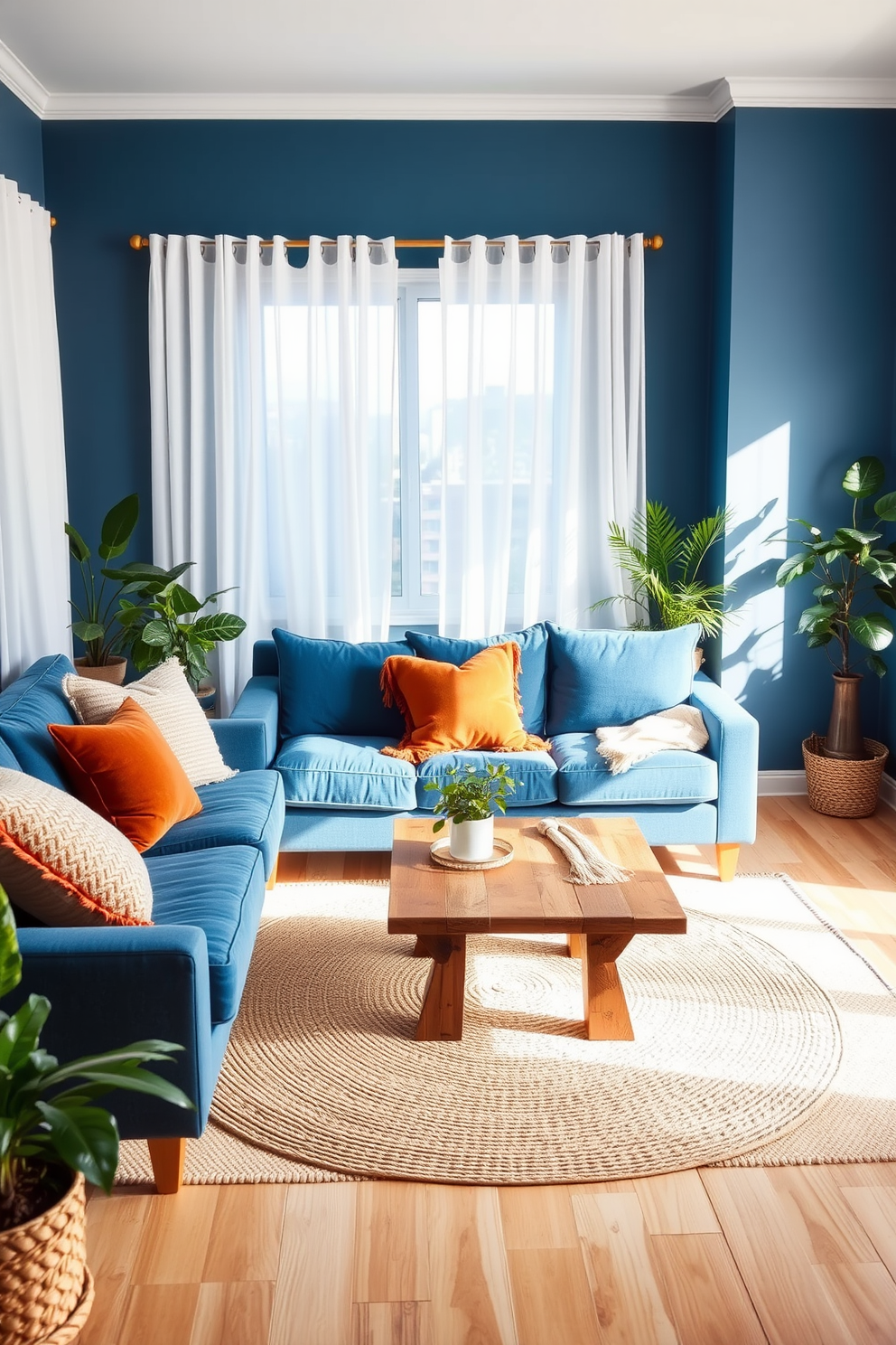 A serene blue living room showcasing muted blue tones harmonized with earthier colors. The space features a plush blue sofa adorned with beige and terracotta accent pillows, complemented by a rustic wooden coffee table at the center. Soft light filters through sheer white curtains, creating a warm ambiance against the blue walls. A woven area rug anchors the seating area, while potted plants add a touch of greenery and life to the room.