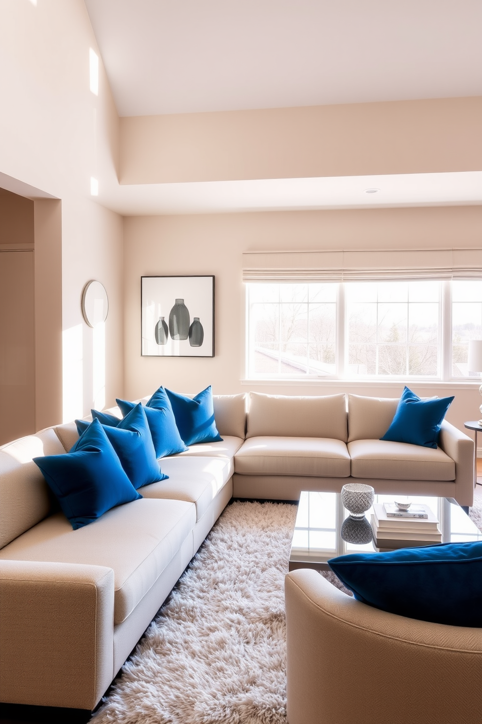 A stylish living room featuring a neutral sofa adorned with sapphire blue cushions that add a pop of color. The space is illuminated by natural light streaming through large windows, enhancing the serene atmosphere. The walls are painted in a soft beige, creating a warm backdrop for the elegant decor. A sleek coffee table sits in front of the sofa, complemented by a plush area rug that ties the room together.