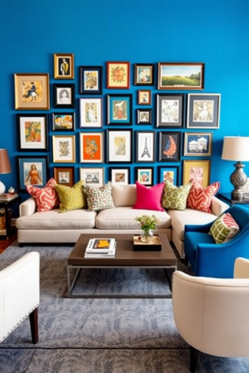 A striking blue gallery wall showcases an eclectic mix of framed art in various sizes and styles. The vibrant blue backdrop enhances the colors of the artwork, creating a dynamic focal point in the room. The blue living room features a plush sectional sofa adorned with colorful throw pillows. A sleek coffee table sits in the center, surrounded by stylish accent chairs that complement the overall design.