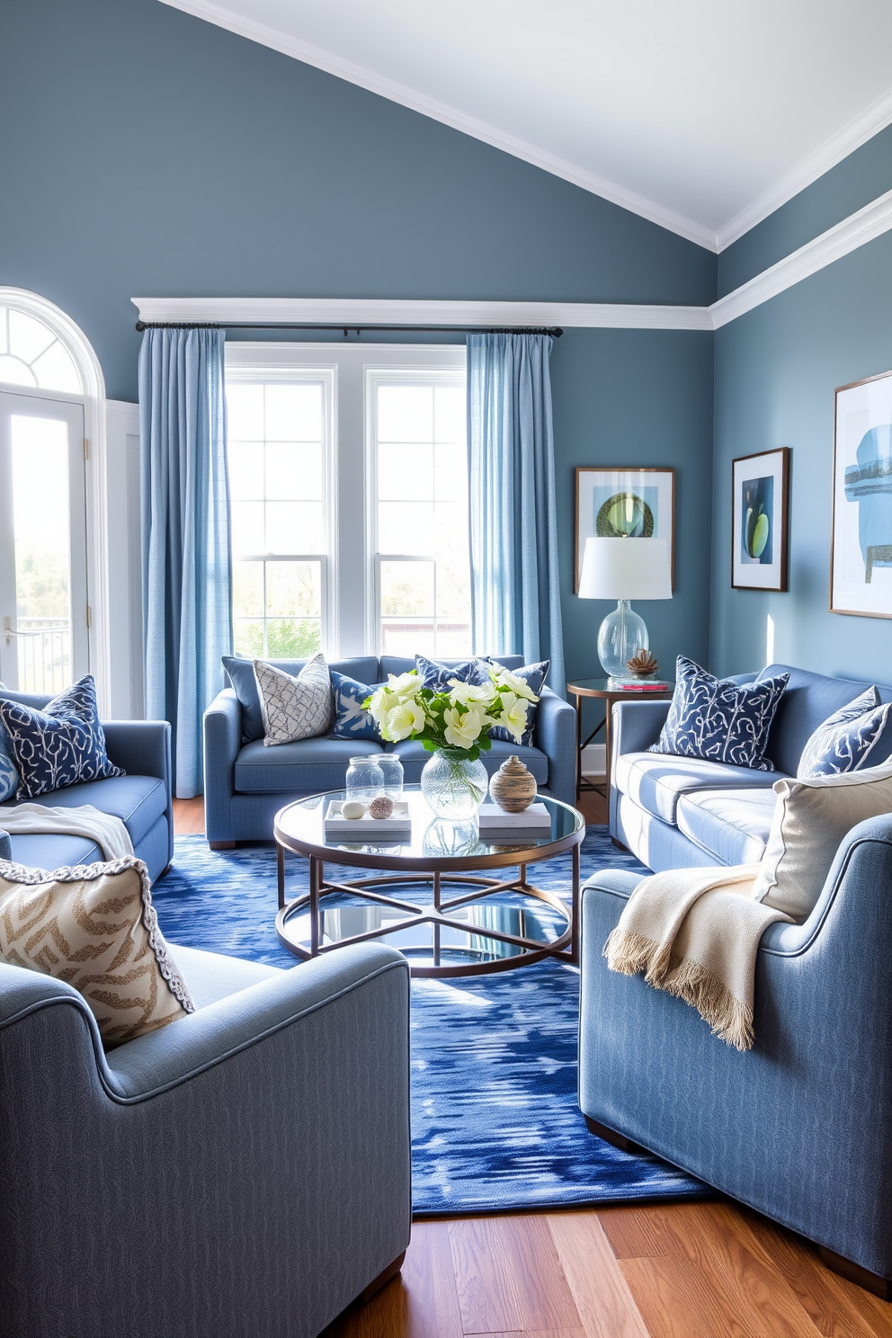 A serene blue living room featuring layered textiles that create depth and comfort. Plush blue sofas are adorned with various patterned throw pillows, while a soft blue area rug anchors the space. Large windows allow natural light to flood in, highlighting the different shades of blue throughout the room. A stylish coffee table sits at the center, surrounded by elegant decor pieces that enhance the overall aesthetic.