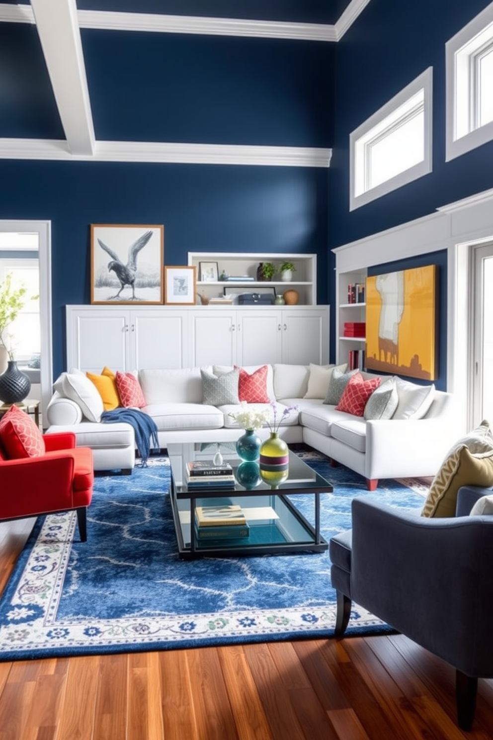 A cozy blue living room featuring navy walls with crisp white trim. The space is anchored by a plush white sectional sofa adorned with colorful throw pillows and a large area rug that adds warmth. A sleek coffee table sits in the center, surrounded by stylish accent chairs that complement the color scheme. Large windows allow natural light to flood the room, highlighting the artwork and decorative accents on the shelves.