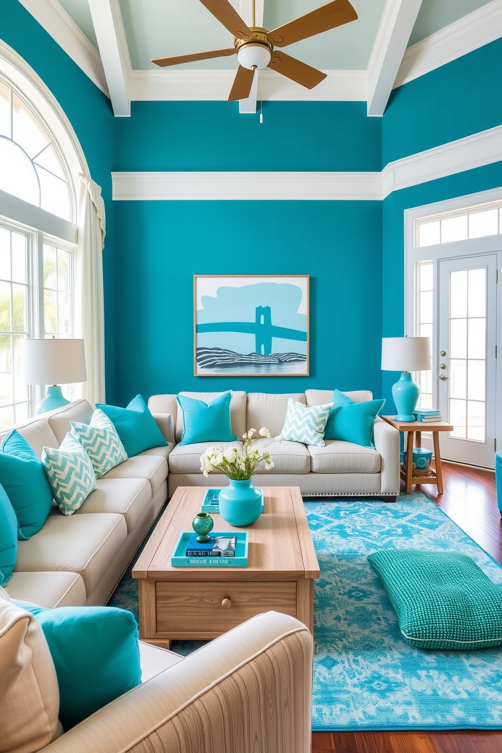 Bright turquoise accessories bring a lively feel to the space. The blue living room features a plush sofa adorned with vibrant turquoise throw pillows and a matching area rug. Large windows allow natural light to flood the room, highlighting the coastal-inspired decor. A statement coffee table in a light wood finish anchors the seating area, complemented by turquoise decorative accents throughout.