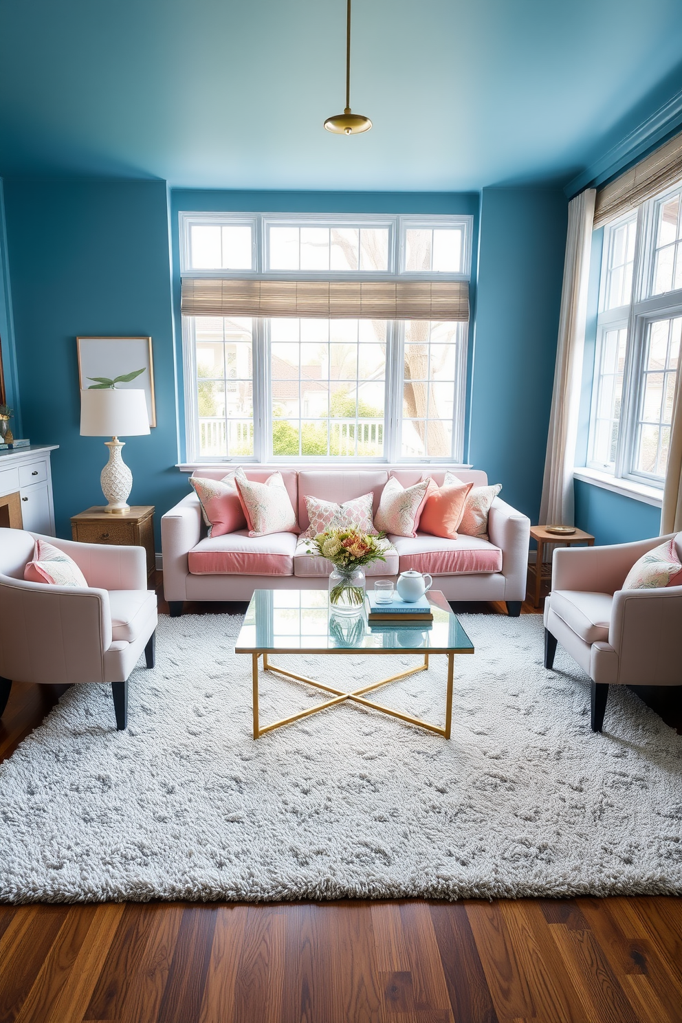 A serene blue living room featuring pastel blue and blush pink accents. The walls are painted in a soft blue hue, complemented by a plush blush pink sofa adorned with decorative pillows. A stylish coffee table sits in the center, surrounded by a pair of elegant pastel armchairs. Natural light streams in through large windows, highlighting a cozy area rug that ties the color scheme together.