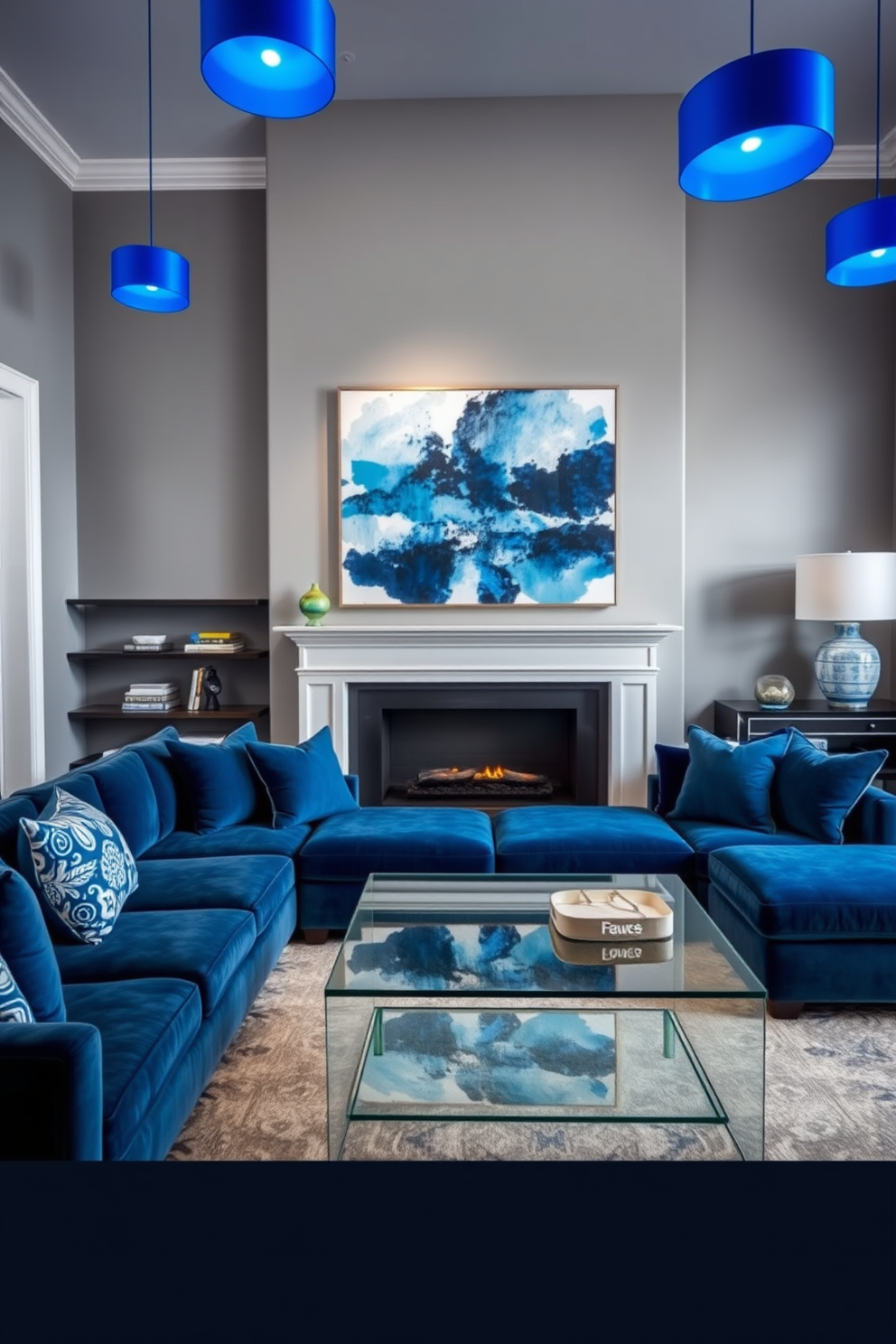 A contemporary living room featuring blue lighting fixtures that add a modern flair. The walls are painted in a soft gray, complemented by a plush navy blue sectional sofa and a sleek glass coffee table. Accent pillows in varying shades of blue and white are scattered across the sofa. A large abstract painting with blue tones hangs above the fireplace, creating a focal point in the room.