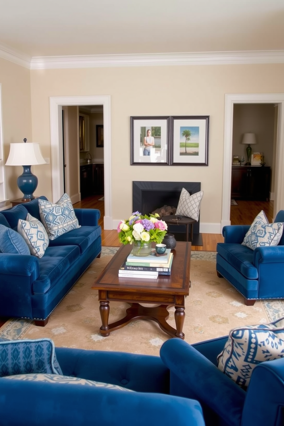 A classic blue and beige color scheme creates a serene and inviting atmosphere in the living room. The walls are painted a soft beige, while the furniture features rich blue upholstery, including a plush sofa and accent chairs. A large area rug with a subtle pattern in beige and blue anchors the seating area. Decorative throw pillows in varying shades of blue add texture, and a wooden coffee table sits at the center, adorned with a stack of art books and a small vase of fresh flowers.