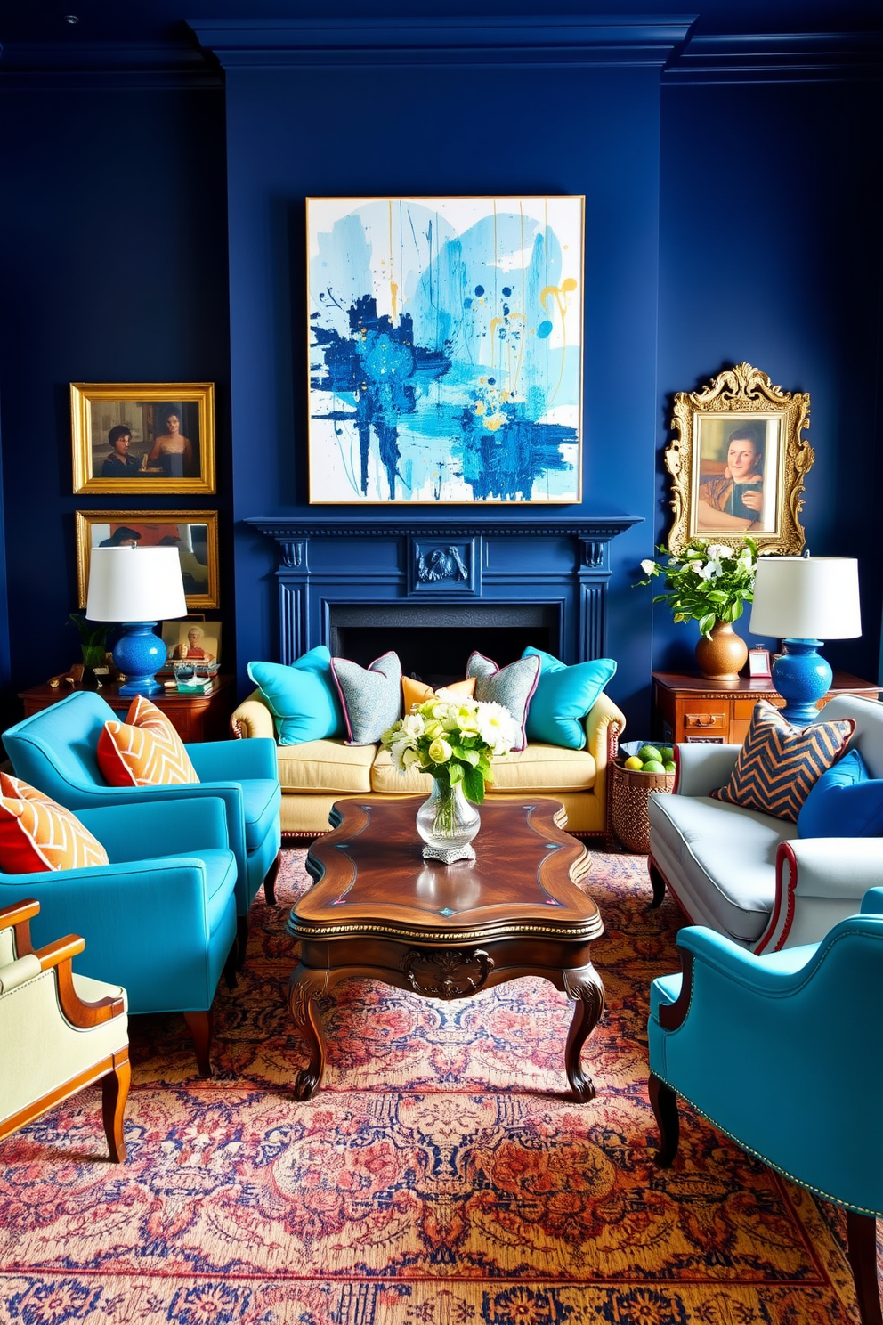 Eclectic blue decor fills the living room with vibrant energy. A mix of vintage and modern furniture creates a unique and inviting atmosphere. The walls are painted in a deep navy blue, accented by bright turquoise and soft sky blue throw pillows on the sofa. A large abstract painting with splashes of blue and gold hangs above the fireplace, enhancing the room's artistic flair. An ornate wooden coffee table sits at the center, surrounded by mismatched armchairs in various shades of blue. A plush area rug with intricate patterns ties the space together, adding warmth and texture underfoot.