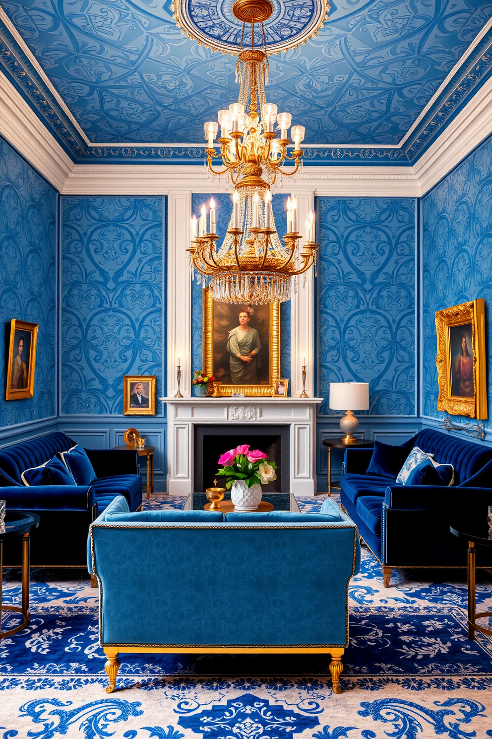 A luxurious blue living room adorned with art deco patterns. The walls feature intricate blue geometric designs, complemented by plush velvet furniture in various shades of blue. A grand chandelier hangs from the ceiling, casting a warm glow over the space. Gold accents in the decor, such as picture frames and decorative objects, enhance the elegance of the room.