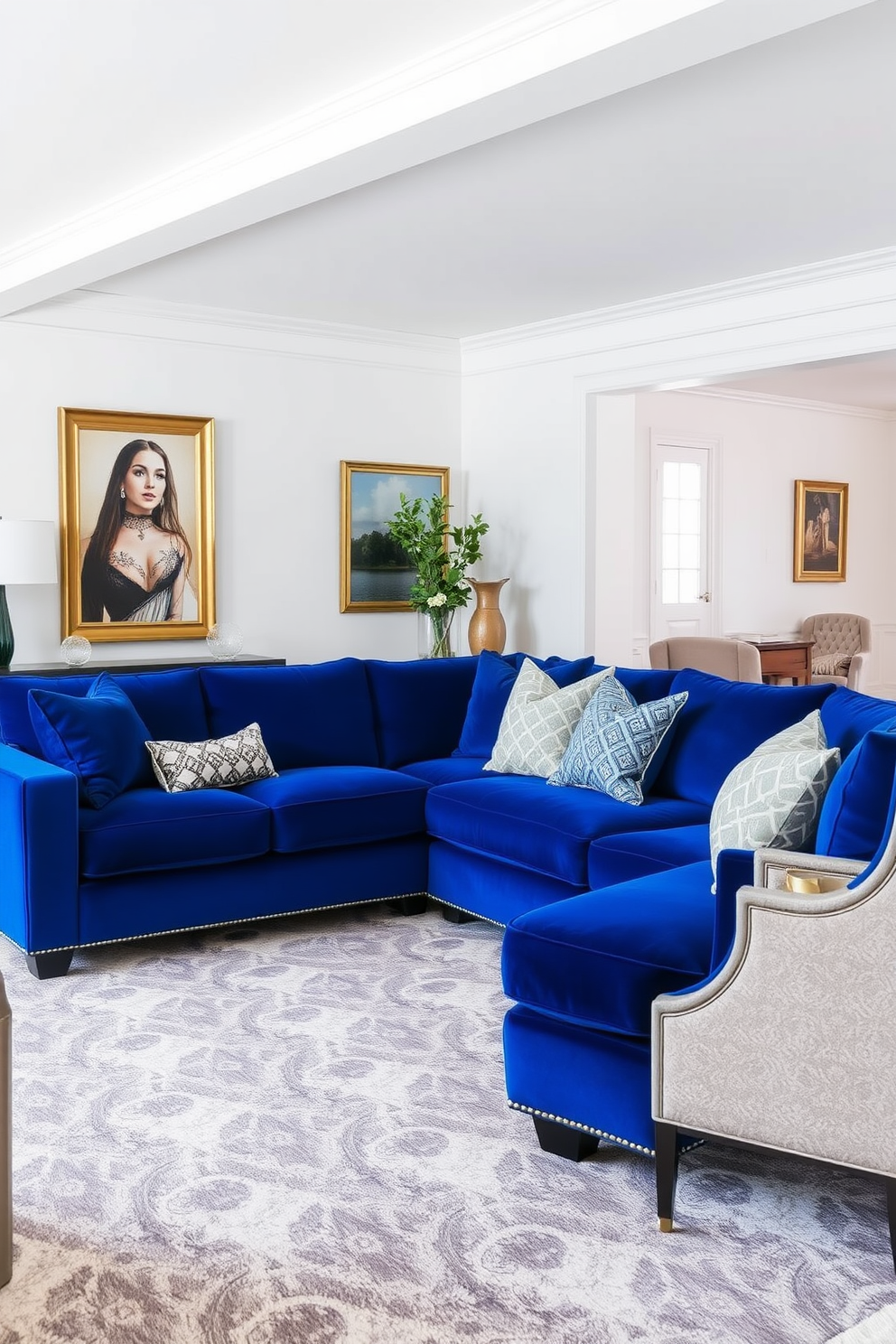 A bold royal blue sectional sofa serves as the centerpiece of the living room, inviting comfort and style. Surrounding the sofa are elegant accent chairs in neutral tones, creating a harmonious balance in the space. The walls are painted in a soft white, enhancing the vibrancy of the blue sofa. A large area rug with geometric patterns anchors the seating area, while decorative pillows add a touch of personality.