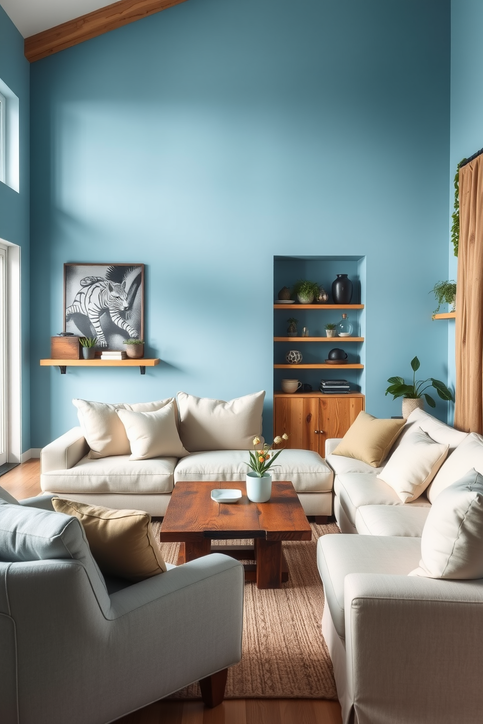 A serene living room featuring sky blue walls complemented by natural wood accents. The space includes a comfortable sectional sofa in soft fabric, paired with a rustic wooden coffee table and shelves adorned with plants and decorative items.