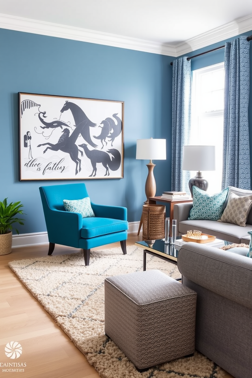 A blue living room featuring a stylish teal accent chair that adds a vibrant contrast to the space. The walls are painted in a soft blue hue, and a plush area rug in neutral tones anchors the seating area.